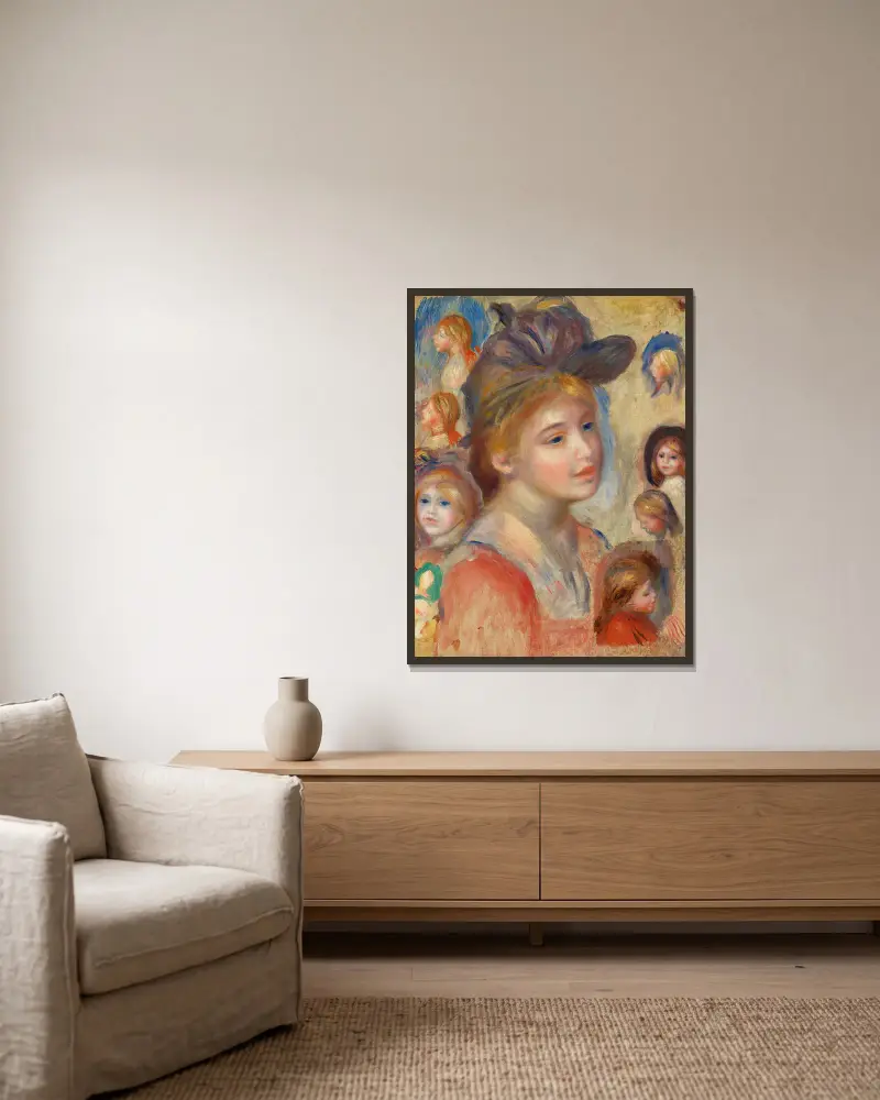 Studie av flickhuvuden av Pierre-Auguste Renoir inramad på en vägg