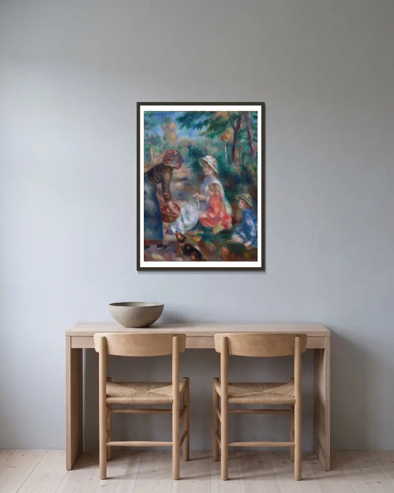 Die Apfelverkäuferin von Pierre-Auguste Renoir gerahmt an einer Wand