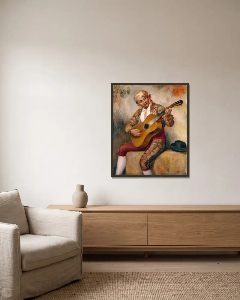 The Spanish Guitarist av Pierre-Auguste Renoir inramad på en vägg