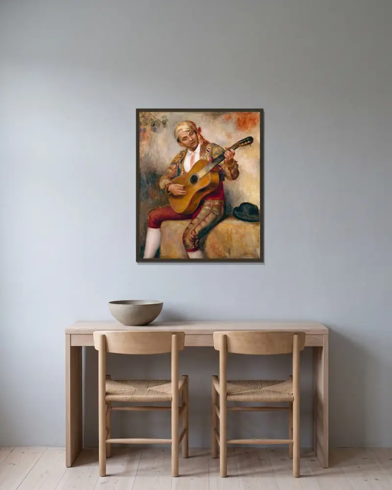 The Spanish Guitarist av Pierre-Auguste Renoir inramad på en vägg