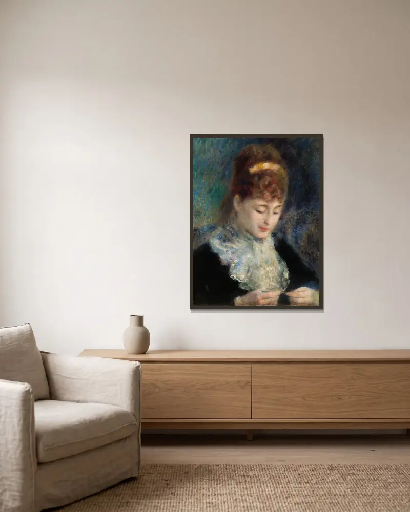 Woman Crocheting (Femme faisant du crochet) av Pierre-Auguste Renoir inramad på en vägg