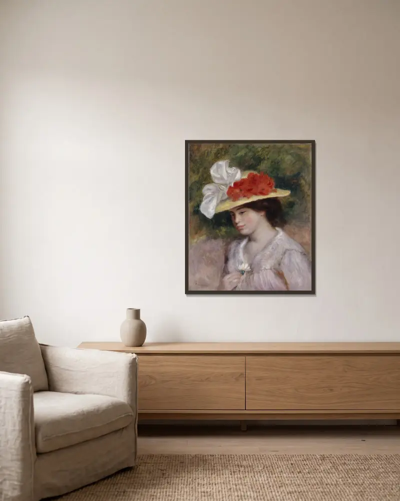 Woman in a Flowered Hat av Pierre-Auguste Renoir inramad på en vägg