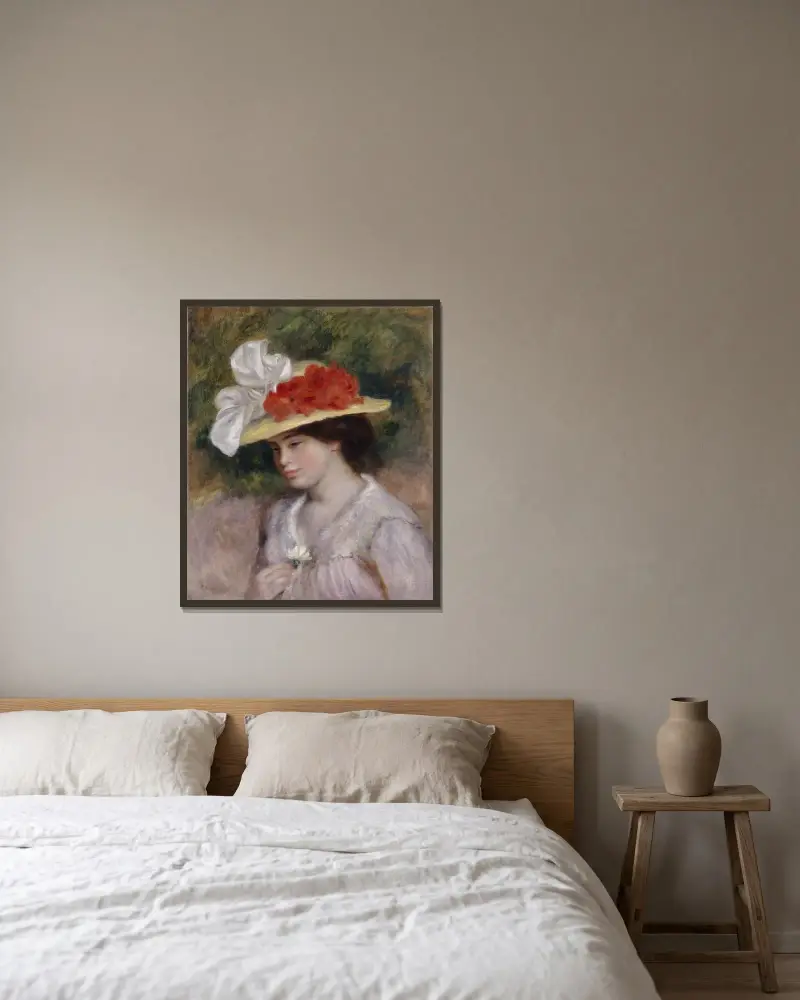 Woman in a Flowered Hat av Pierre-Auguste Renoir inramad på en vägg