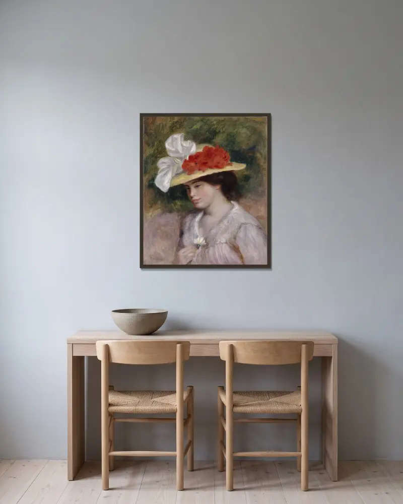 Woman in a Flowered Hat av Pierre-Auguste Renoir inramad på en vägg