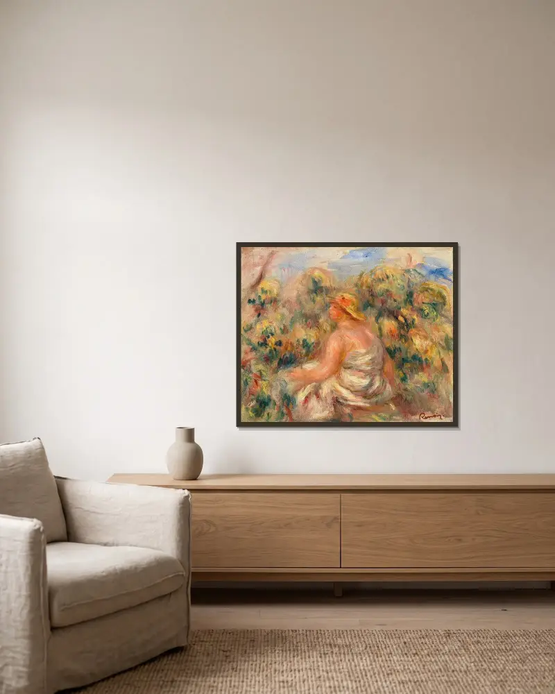 Woman with Hat in a Landscape (Femme avec chapeau dans un paysage) av Pierre-Auguste Renoir inramad på en vägg