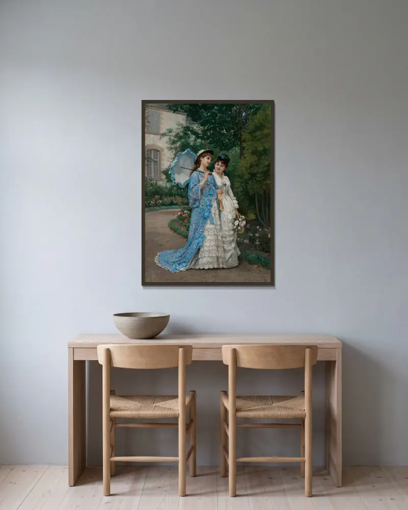Ein Spaziergang im Garten von Auguste Toulmouche gerahmt an einer Wand
