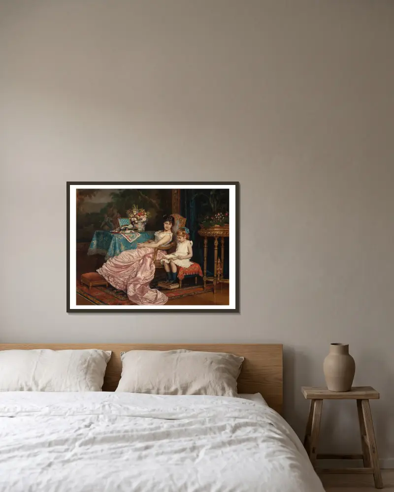 A mother and daughter reading av Auguste Toulmouche inramad på en vägg