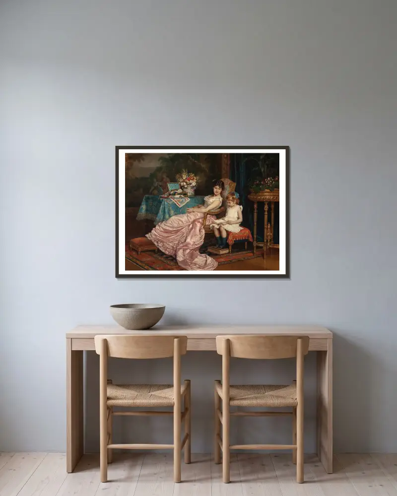 A mother and daughter reading av Auguste Toulmouche inramad på en vägg