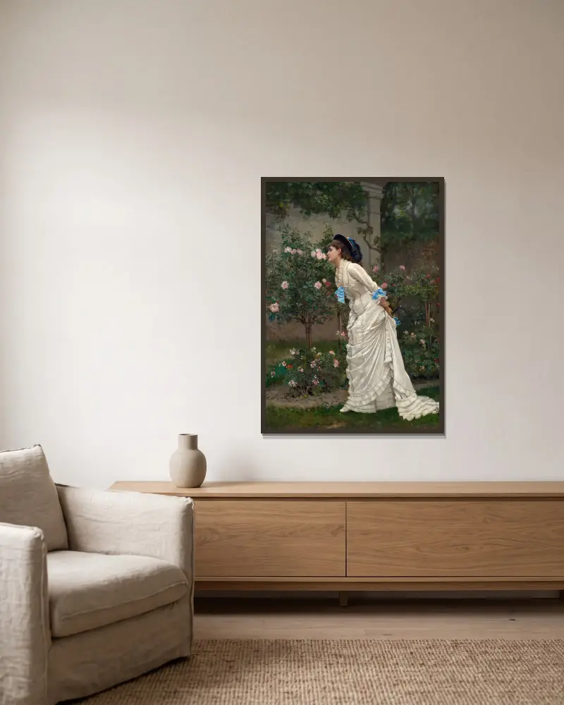 Woman And Roses av Auguste Toulmouche inramad på en vägg
