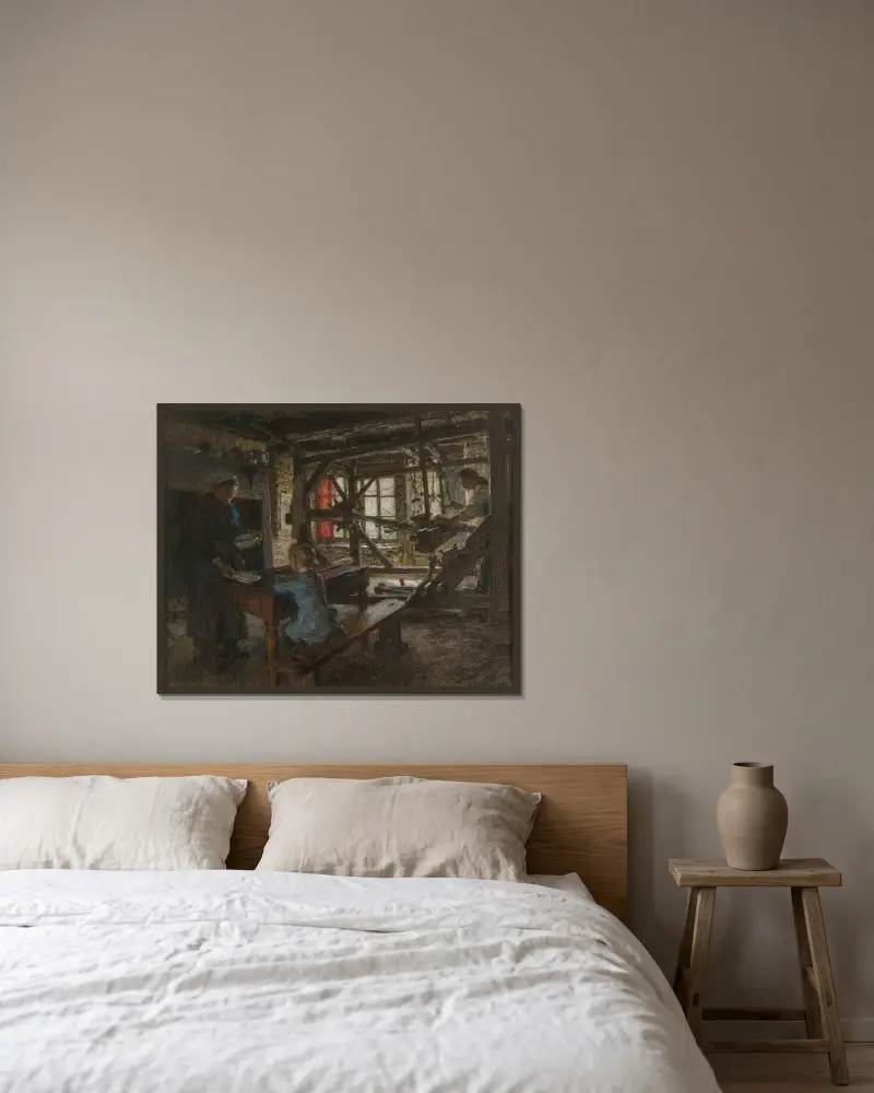 Figurer i en stuginteriör av Léon Augustin Lhermitte inramad på en vägg