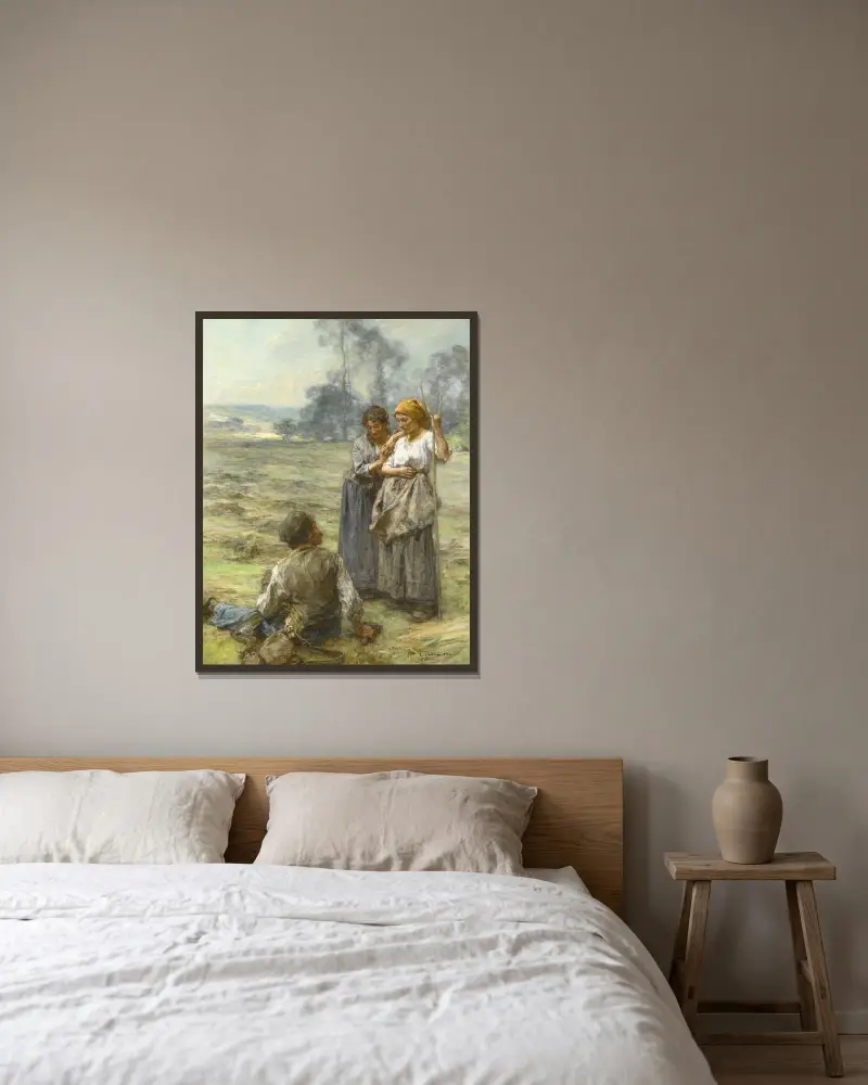 Hö och kvinnor på morgonen av Léon Augustin Lhermitte inramad på en vägg