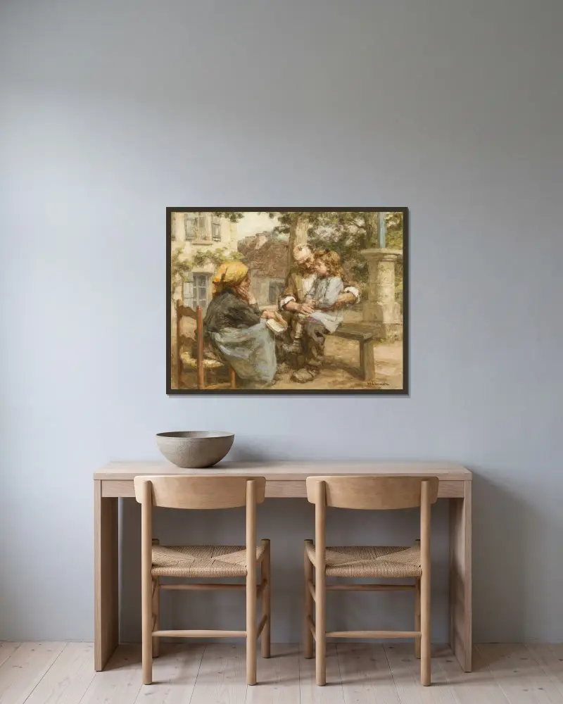 Den första läxan av Léon Augustin Lhermitte inramad på en vägg