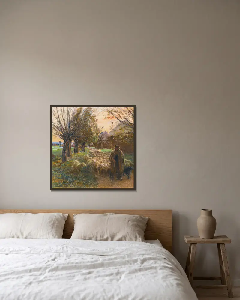 Le berger et son troupeau, le soir av Léon Augustin Lhermitte inramad på en vägg