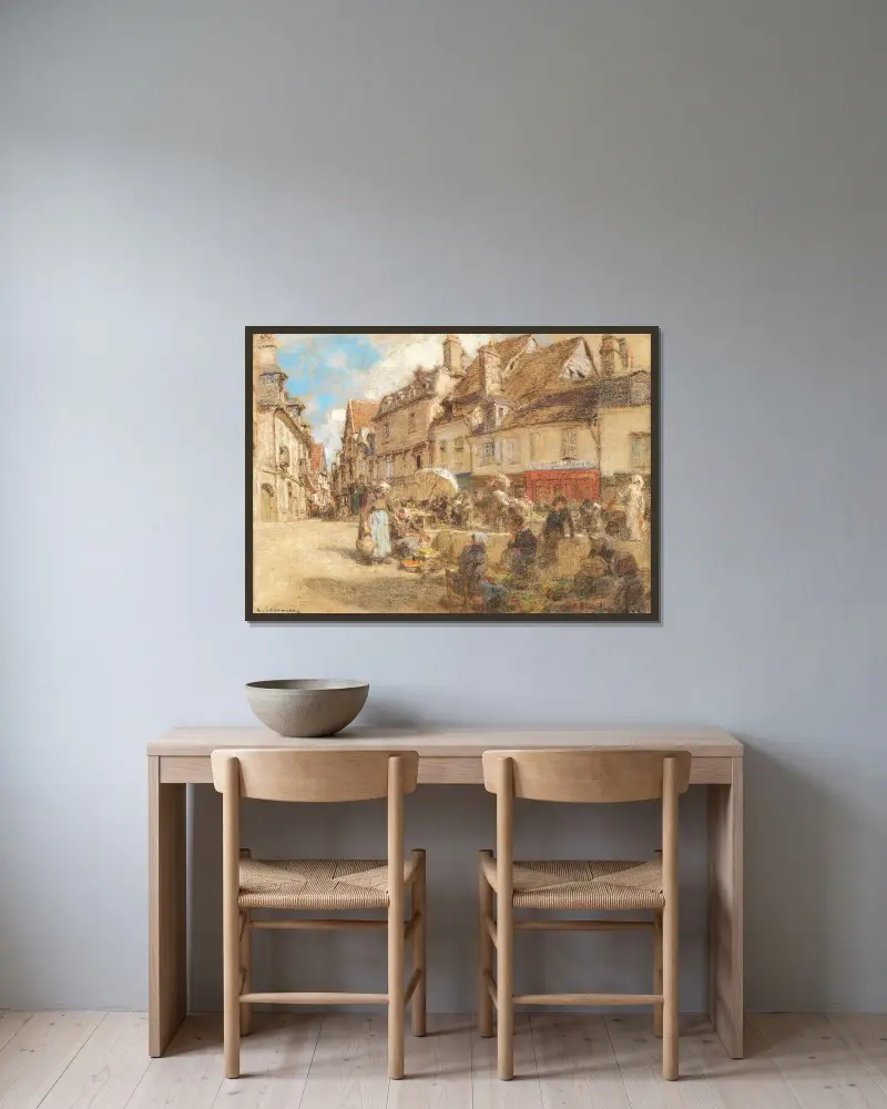 Marknaden i gamla Bourges av Léon Augustin Lhermitte inramad på en vägg