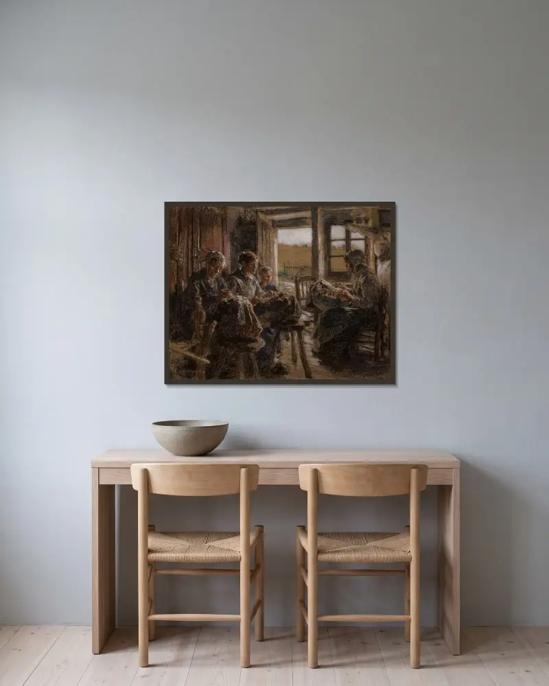 Spetssömmerskorna i Vosges av Léon Augustin Lhermitte inramad på en vägg