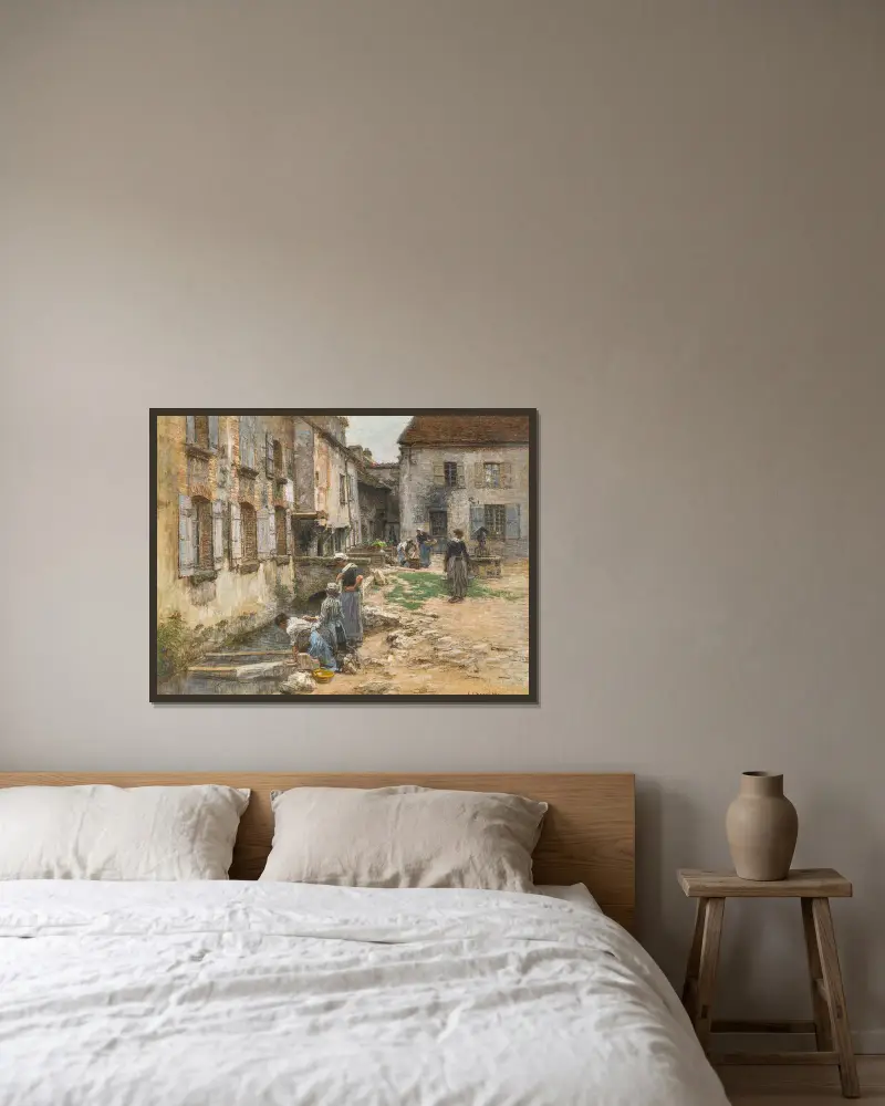 Les lavandières à villenauxe av Léon Augustin Lhermitte inramad på en vägg