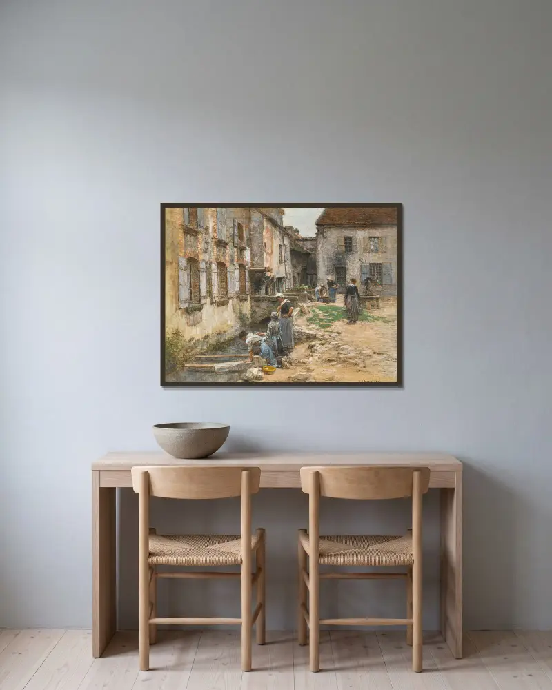 Les lavandières à villenauxe av Léon Augustin Lhermitte inramad på en vägg