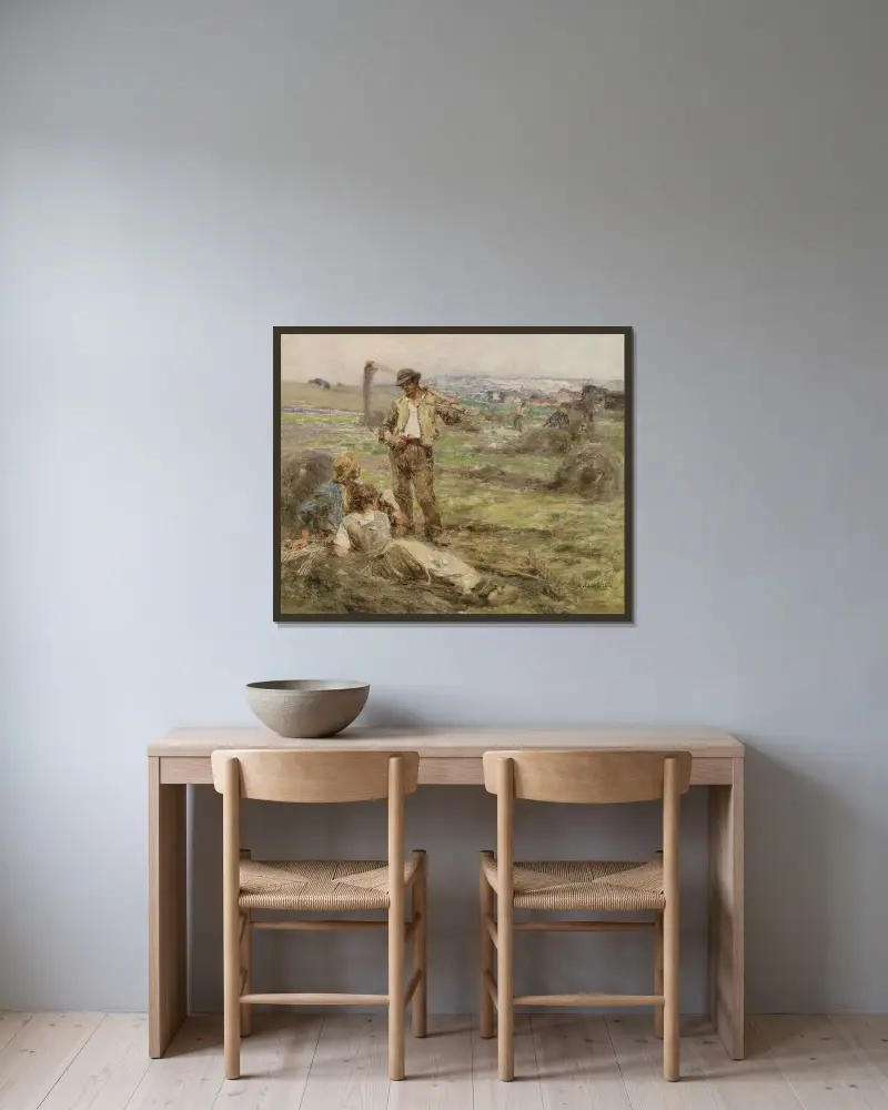 Vila under höbärgningen av Léon Augustin Lhermitte inramad på en vägg