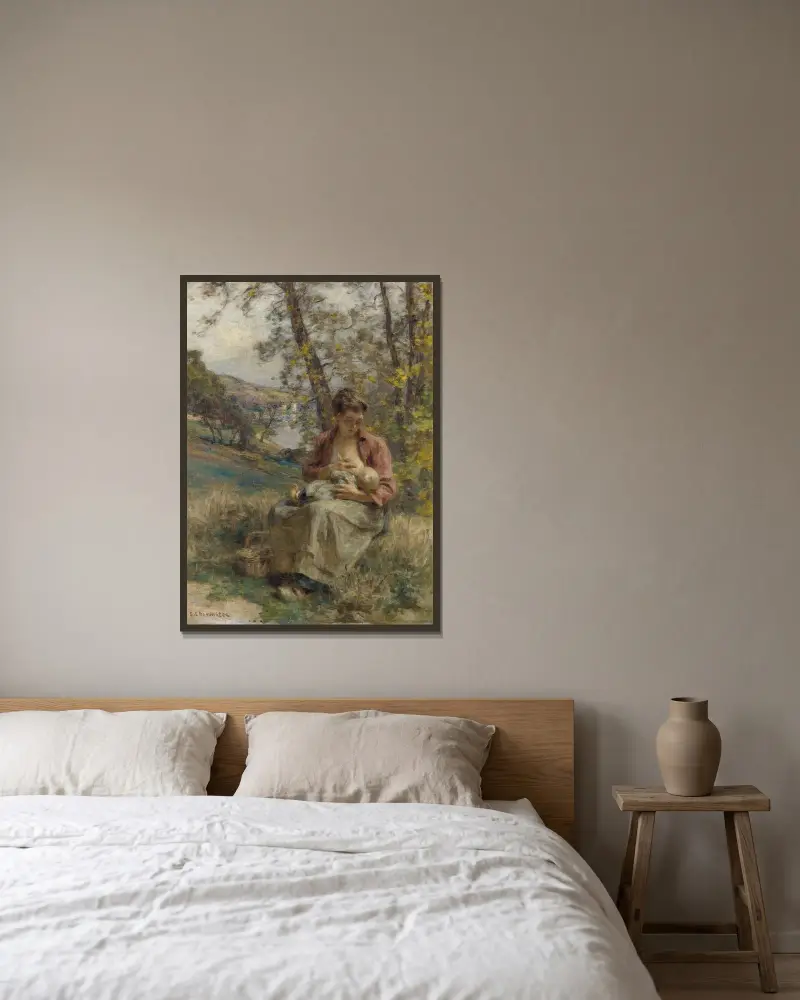 Den unga modern av Léon Augustin Lhermitte inramad på en vägg