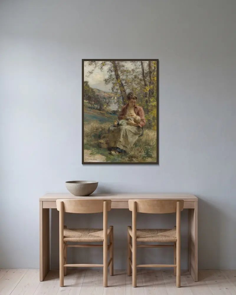 Den unga modern av Léon Augustin Lhermitte inramad på en vägg