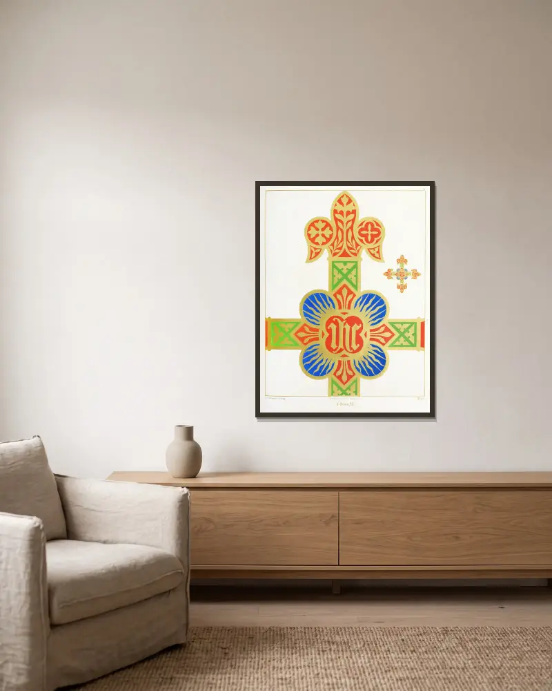 A Cross for a Frontal or Vestment, with the Holy name in a Quatrefoil av Augustus Pugin inramad på en vägg