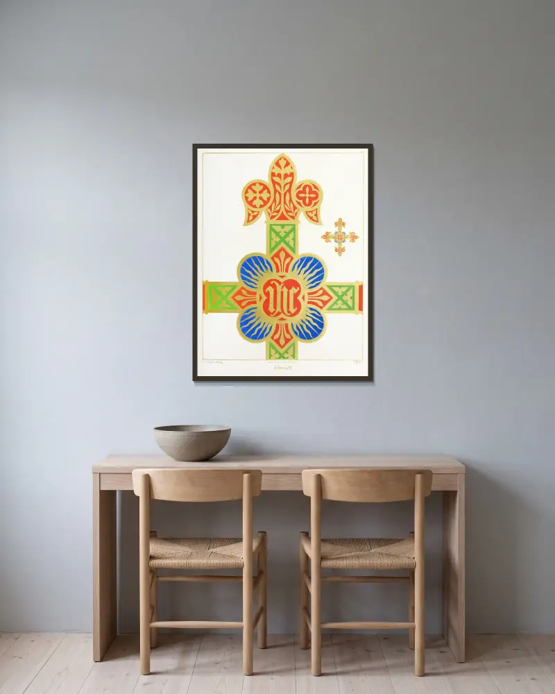 A Cross for a Frontal or Vestment, with the Holy name in a Quatrefoil av Augustus Pugin inramad på en vägg