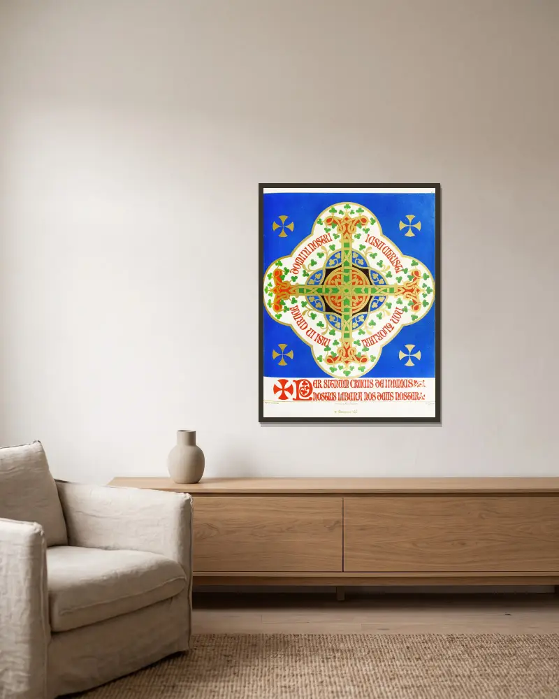 Ein blumengeschmücktes Kreuz von Augustus Pugin gerahmt an einer Wand