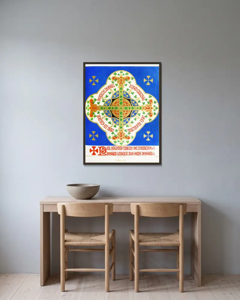 Ein blumengeschmücktes Kreuz von Augustus Pugin gerahmt an einer Wand