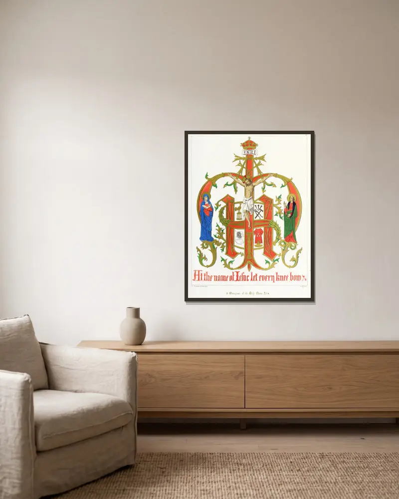 Monogramm des heiligen Namens, mit unserem Herrn, der heiligen Maria und dem heiligen Johannes von Augustus Pugin gerahmt an einer Wand
