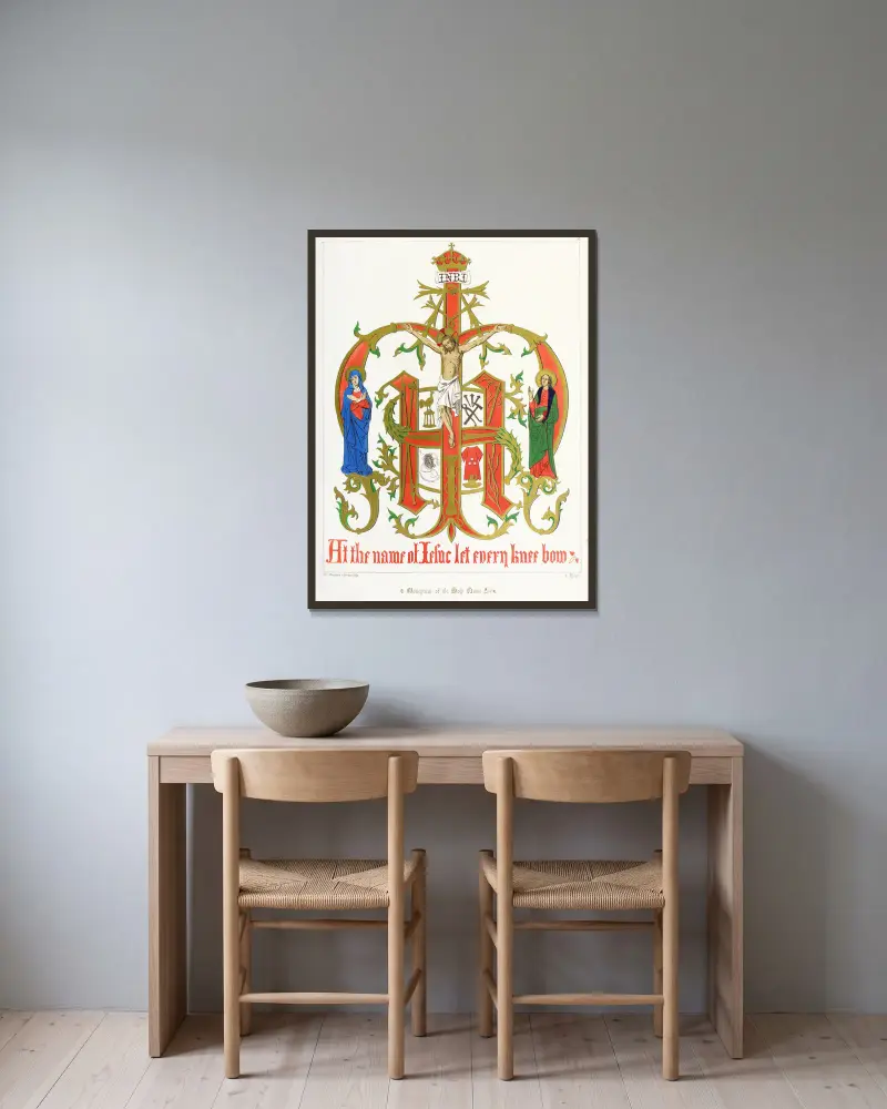 Monogramm des heiligen Namens, mit unserem Herrn, der heiligen Maria und dem heiligen Johannes von Augustus Pugin gerahmt an einer Wand