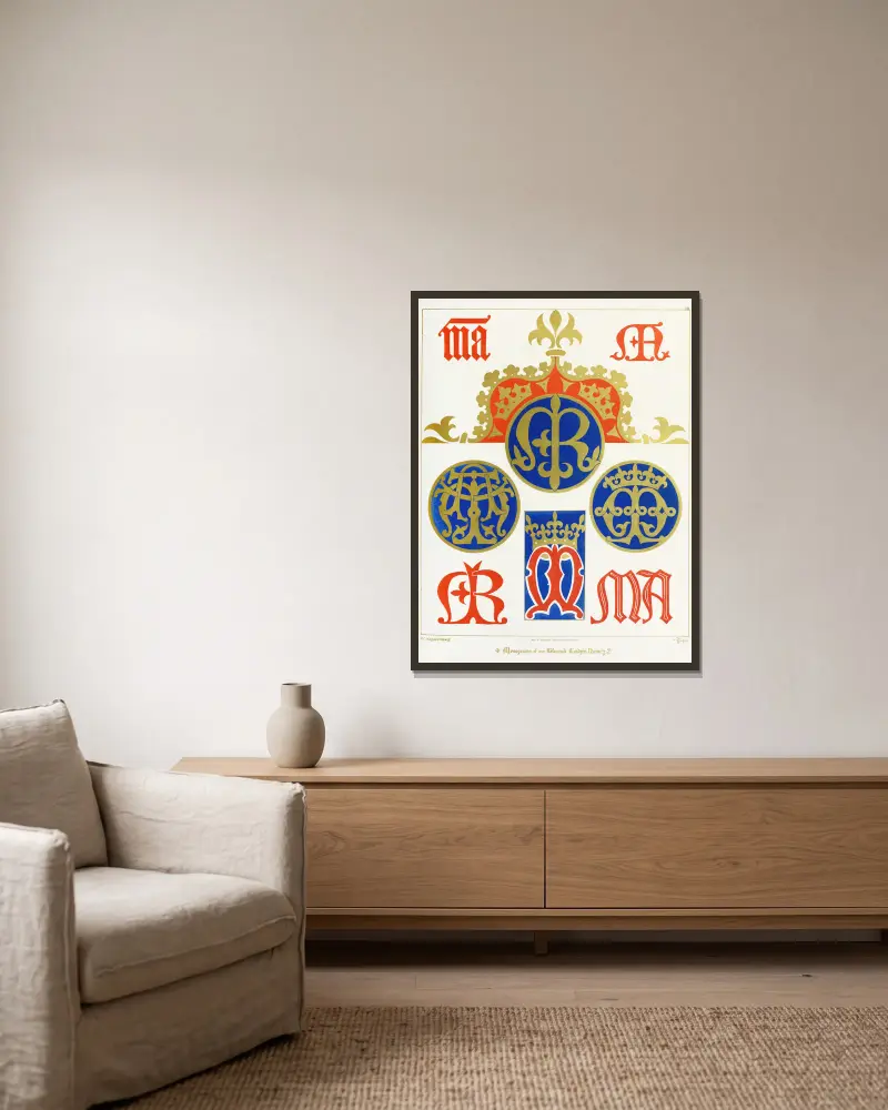 Eight Monograms of our Blessed Lady’s Name av Augustus Pugin inramad på en vägg