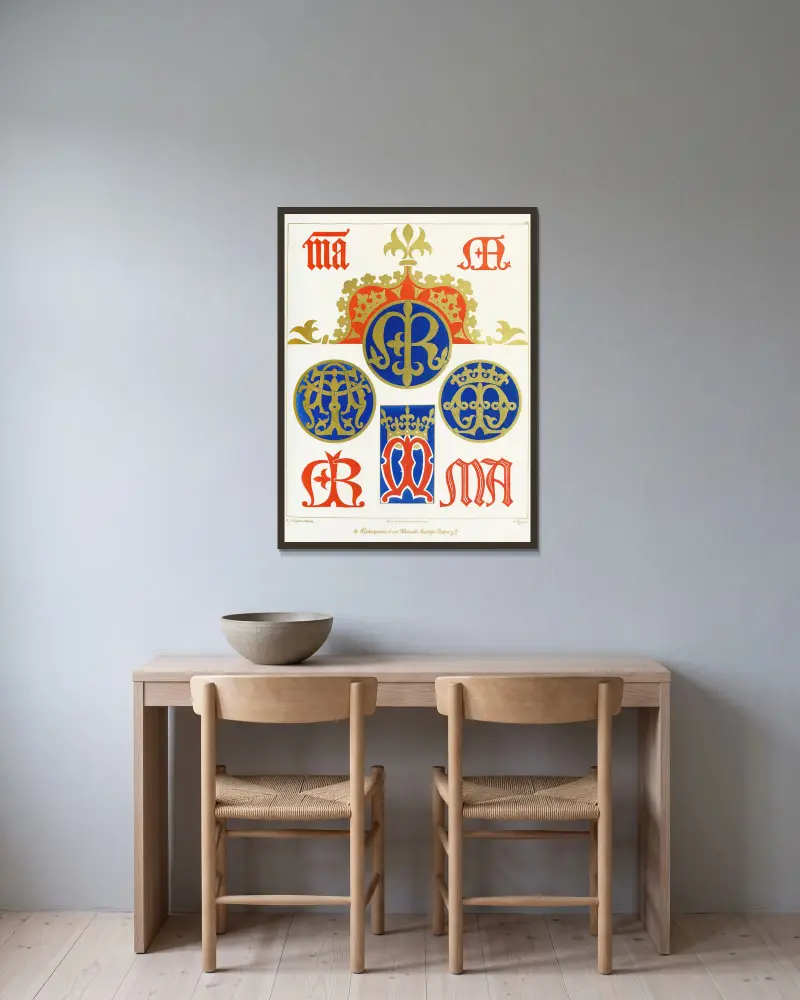 Eight Monograms of our Blessed Lady’s Name av Augustus Pugin inramad på en vägg