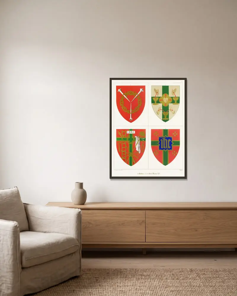 Emblem för vår Herres lidande av Augustus Pugin inramad på en vägg