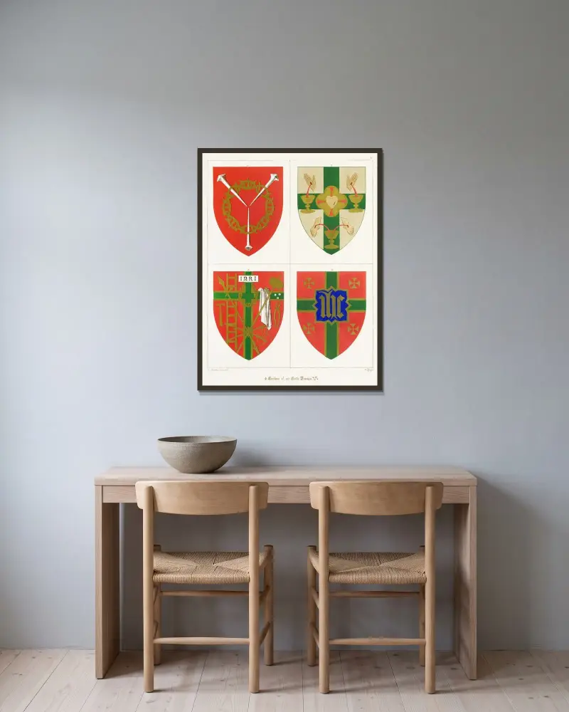 Emblem för vår Herres lidande av Augustus Pugin inramad på en vägg