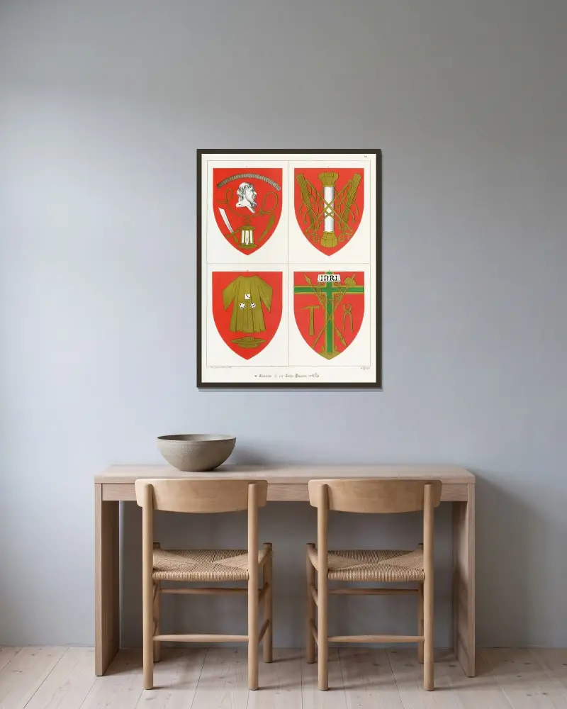 Emblem för vår Herres lidande av Augustus Pugin inramad på en vägg
