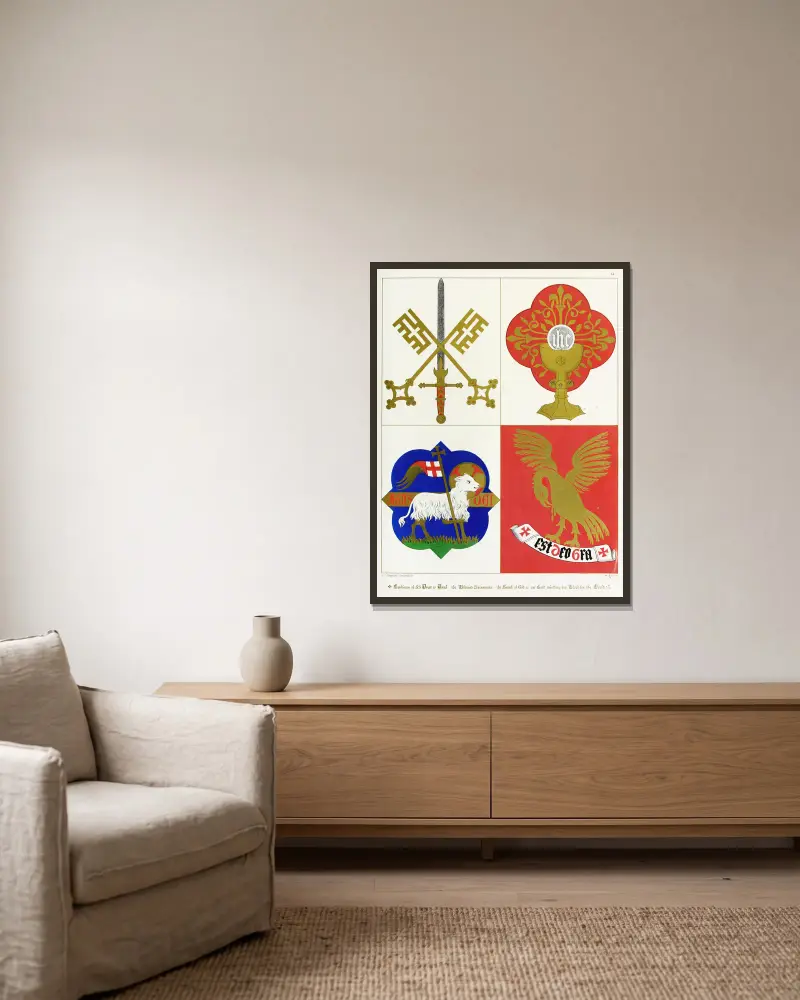 Emblems of St. Peter and St. Paul; the blessed Sacrament, and the Lamb of God. av Augustus Pugin inramad på en vägg