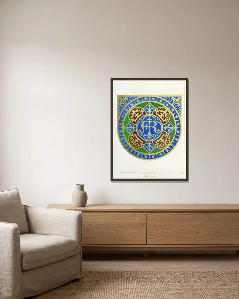 Kapuzenmantelkapuze; der Name Unserer Lieben Frau, mit Kronen, Sternen und Lilien von Augustus Pugin gerahmt an einer Wand