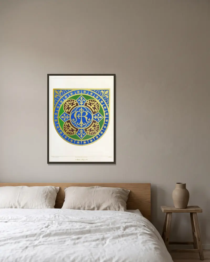 Kapuzenmantelkapuze; der Name Unserer Lieben Frau, mit Kronen, Sternen und Lilien von Augustus Pugin gerahmt an einer Wand
