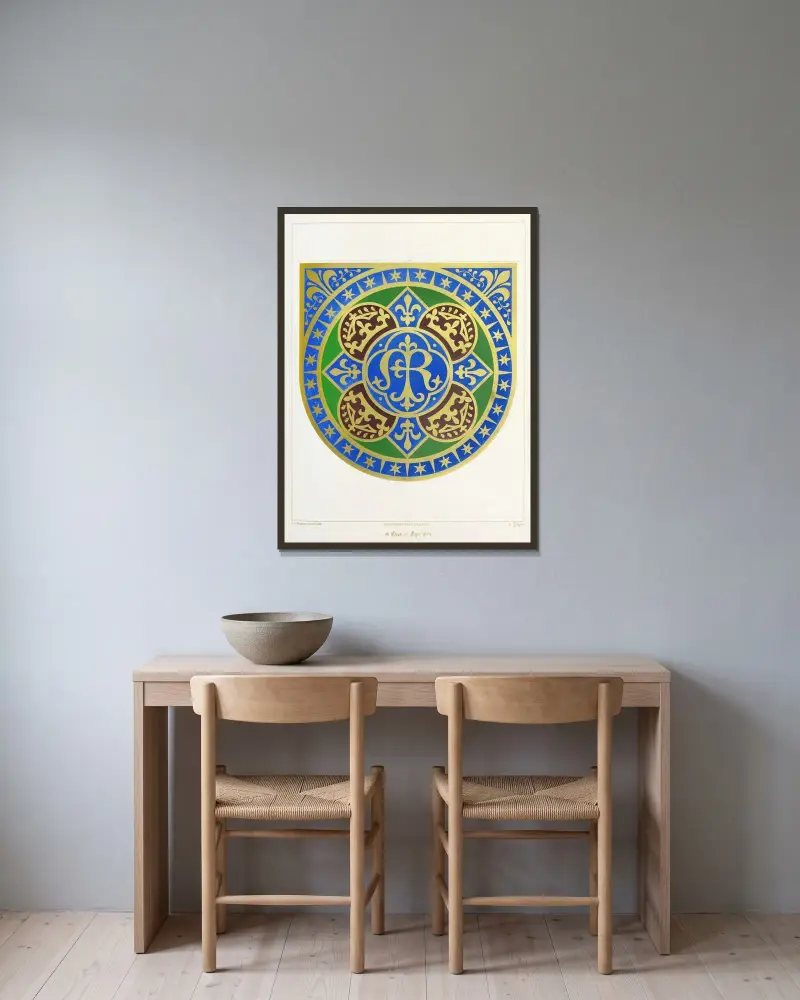 Kapuzenmantelkapuze; der Name Unserer Lieben Frau, mit Kronen, Sternen und Lilien von Augustus Pugin gerahmt an einer Wand