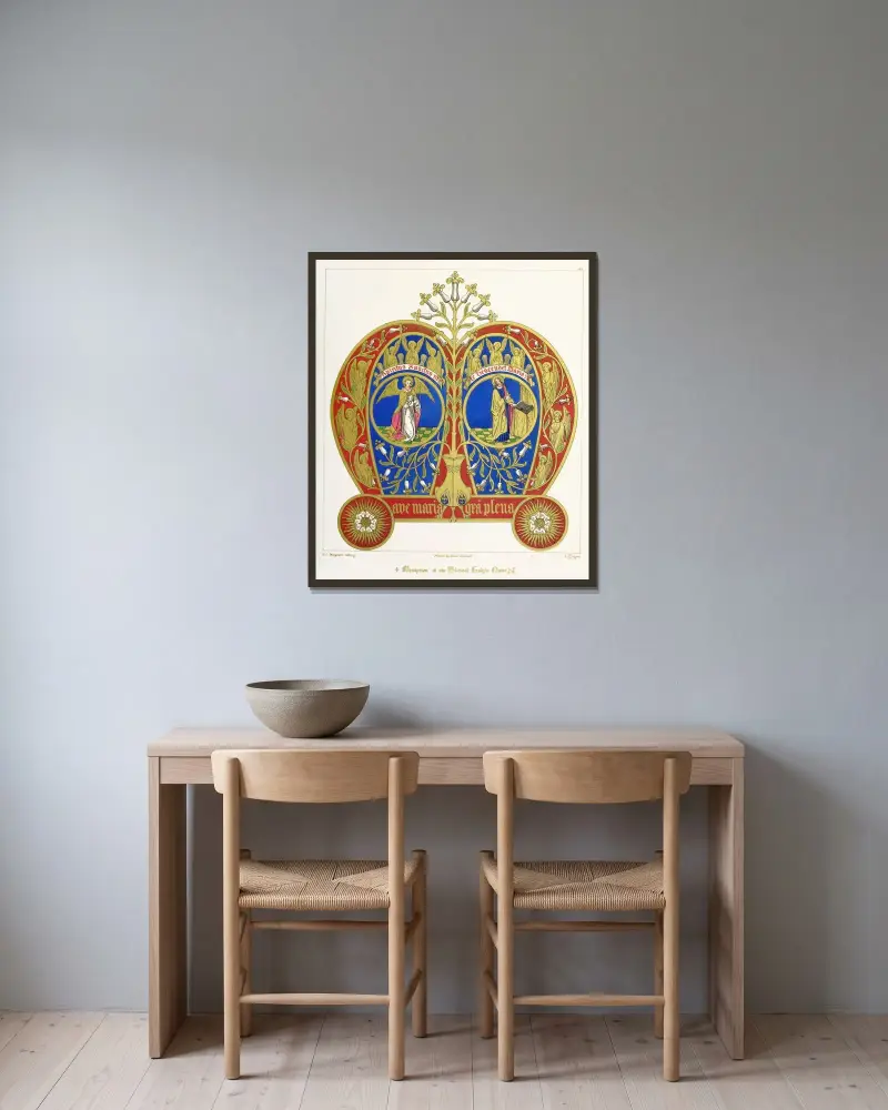 Monogram över Vår Saliga Frus namn, med Bebådelsen av Augustus Pugin inramad på en vägg