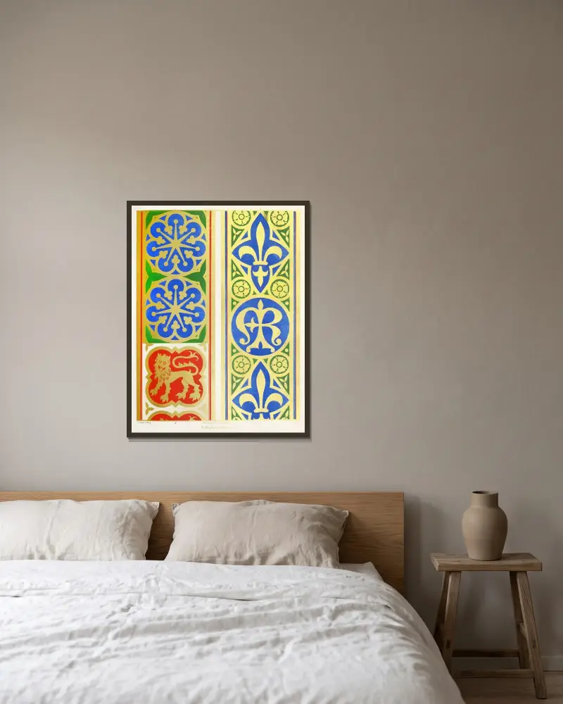Orphreys of Copes; 1. A Star of seven points; 2. Fleur-de-lis, Monogram, and Roses; 3. Lions. av Augustus Pugin inramad på en vägg