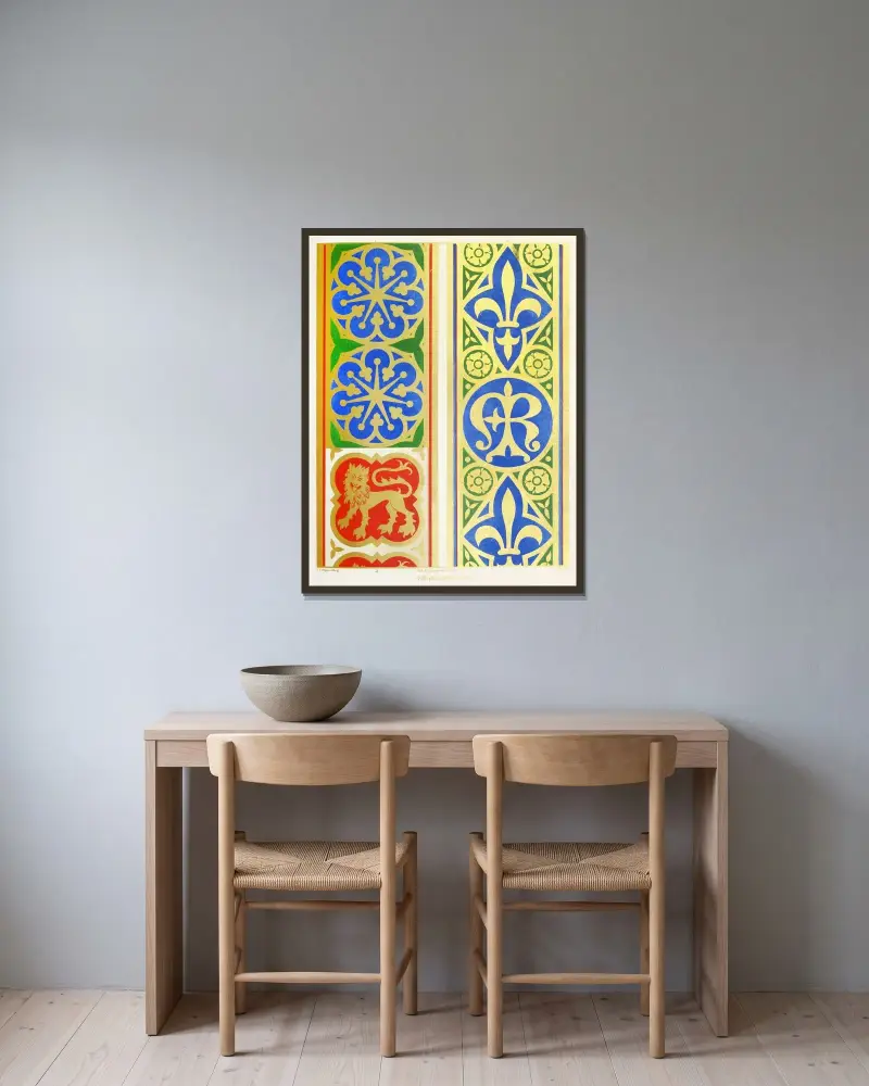 Orphreys of Copes; 1. A Star of seven points; 2. Fleur-de-lis, Monogram, and Roses; 3. Lions. av Augustus Pugin inramad på en vägg
