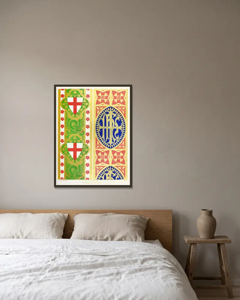 Orphreys of Copes; 1. St. George, Shield and Dragon ; 2. The Five Crosses with the Holy Name in the First. av Augustus Pugin inramad på en vägg