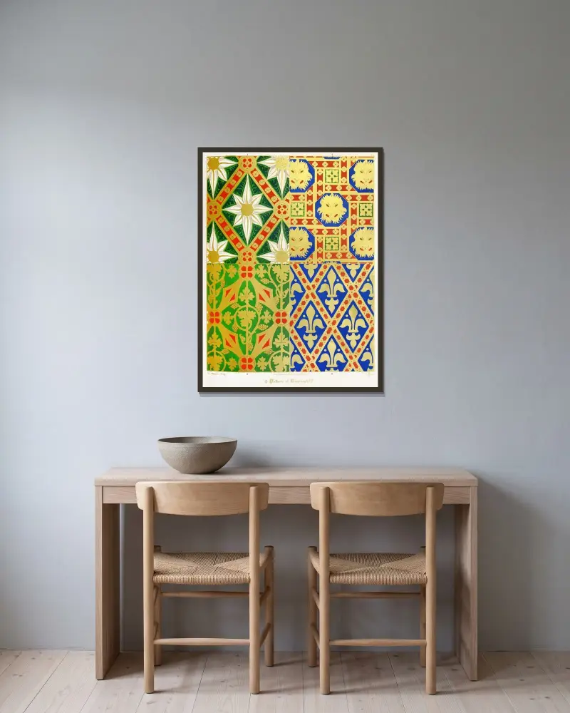 Mönster för drapering 3 av Augustus Pugin inramad på en vägg
