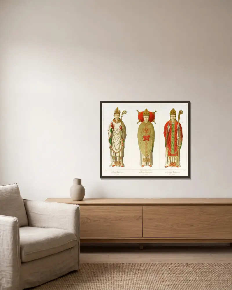 Roman and English Bishops av Augustus Pugin inramad på en vägg
