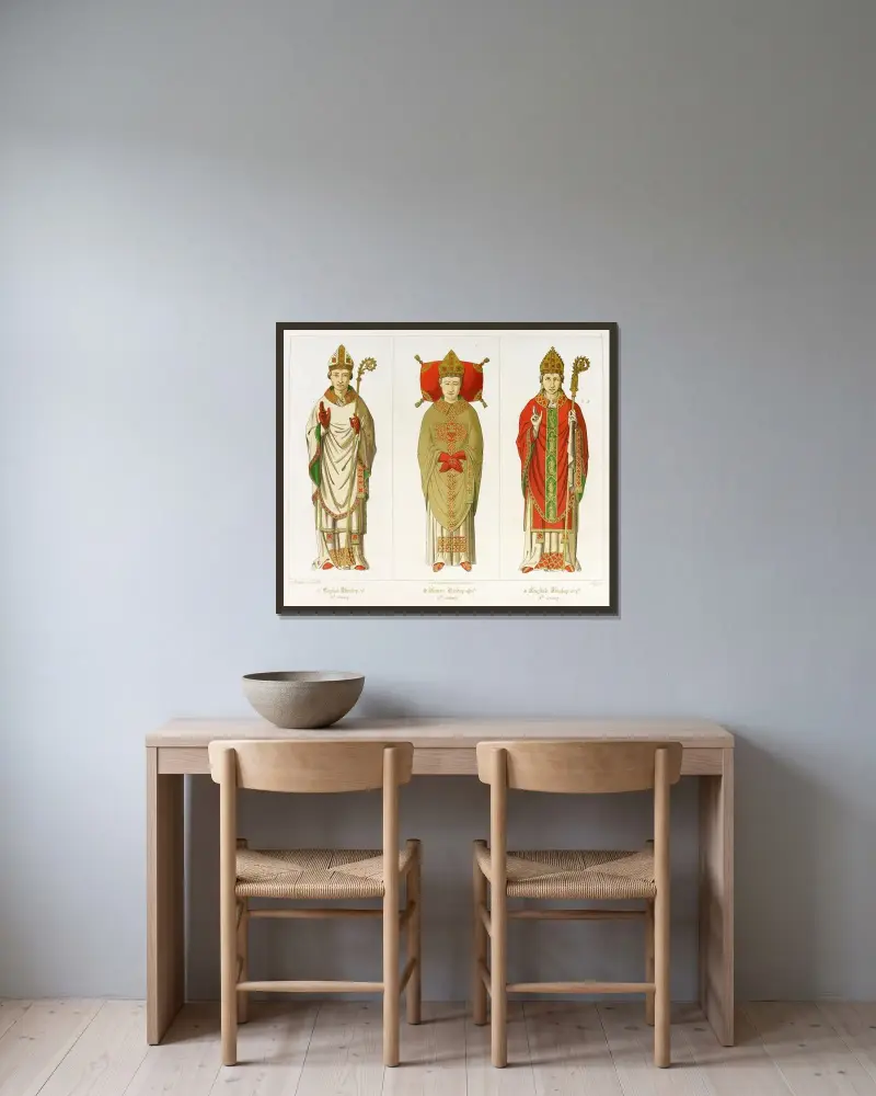Roman and English Bishops av Augustus Pugin inramad på en vägg