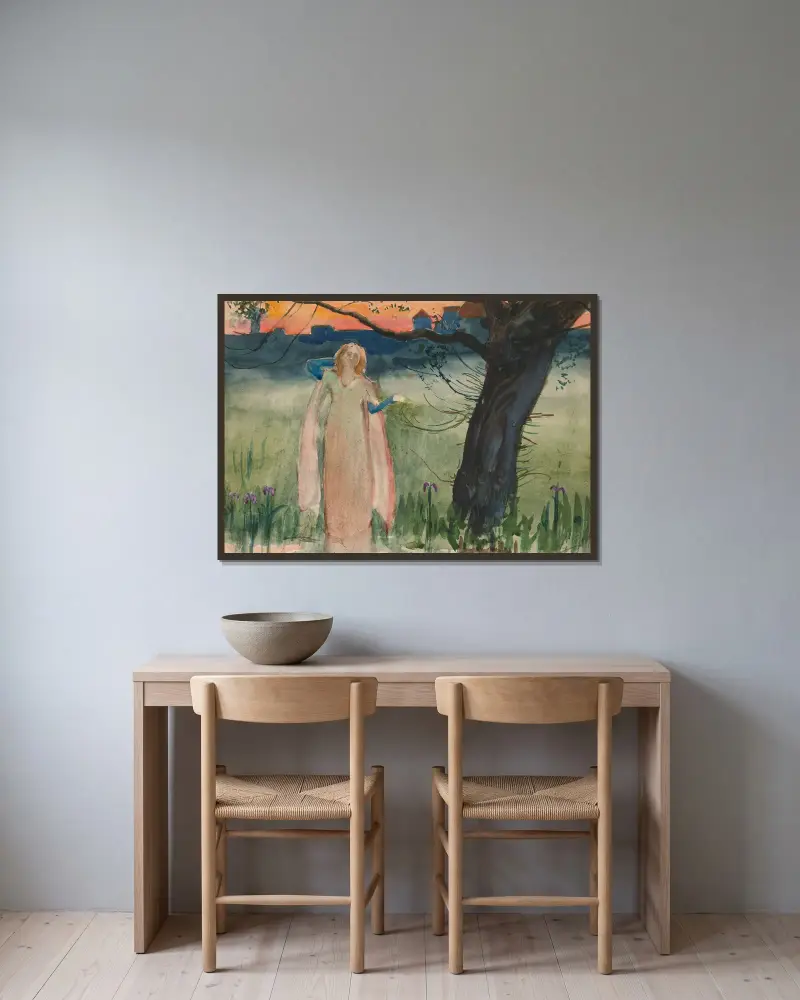 Ofelia vid bäcken – akt IV, scen VII, Hamlet av Edwin Austin Abbey inramad på en vägg