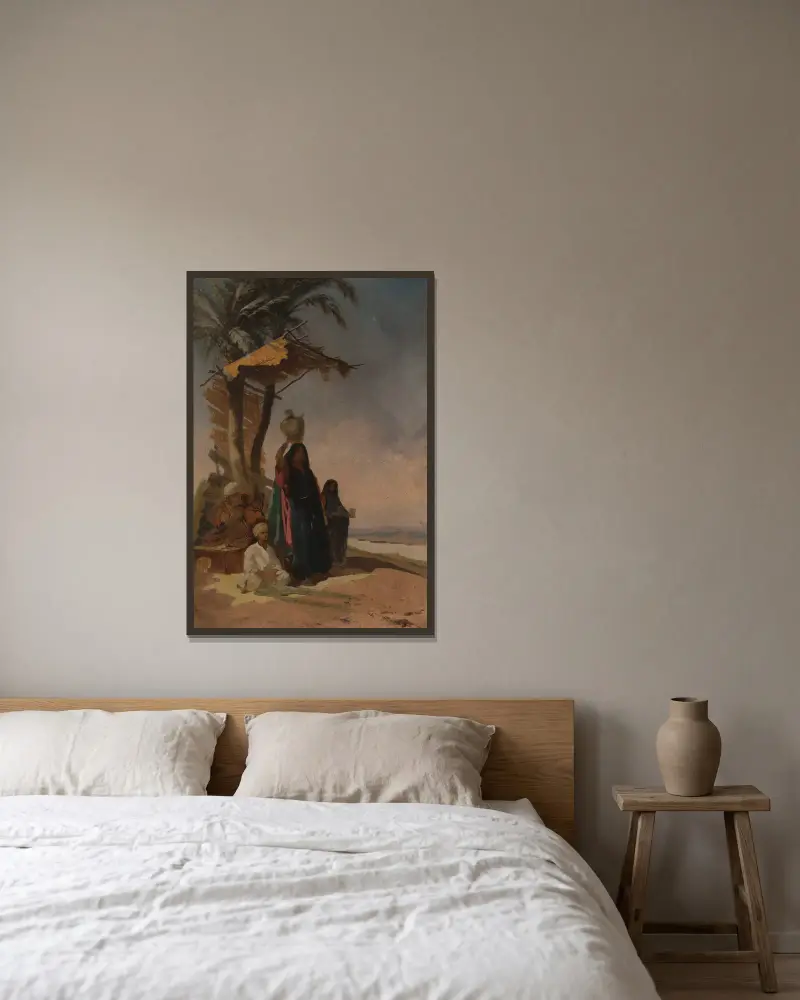 Eastern genre scene under a palm tree av Stanisław Chlebowski inramad på en vägg