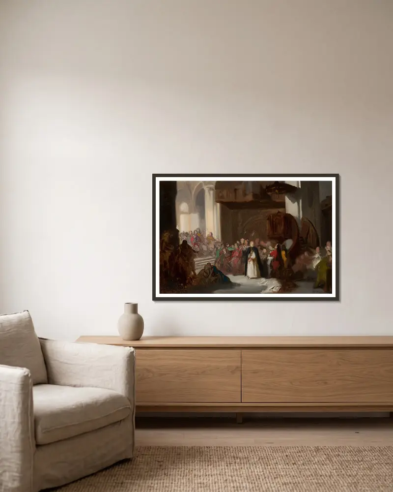Scene in a church, sketch for a historical scene av Stanisław Chlebowski inramad på en vägg