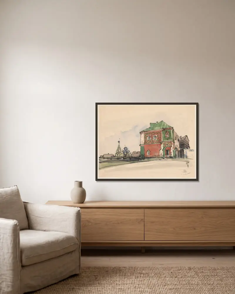 Mit Polychromie verziertes Haus von Stanisław Noakowski gerahmt an einer Wand